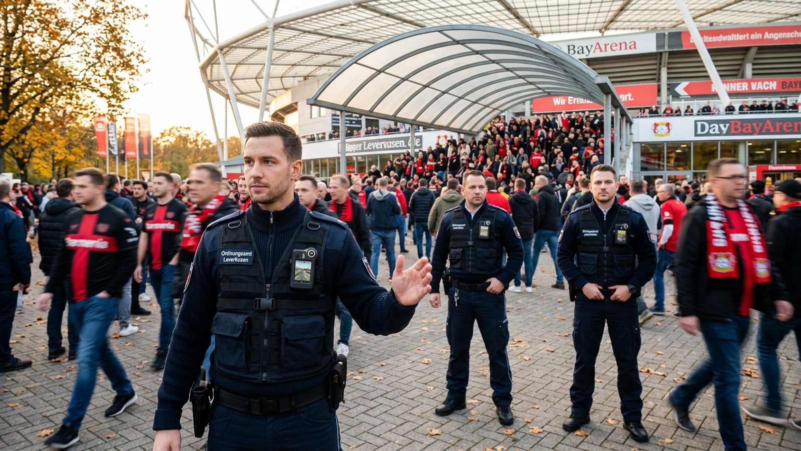 Ordnungsamt Leverkusen an der BayArena mit Body-Cam