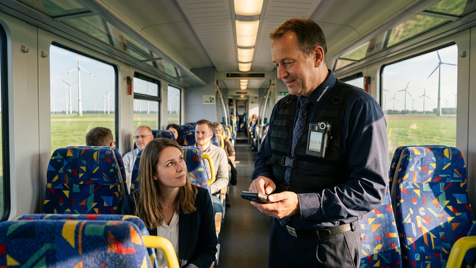 Nordwestbahn Kontrolleur im LINT-Innenraum mit Body-Cam